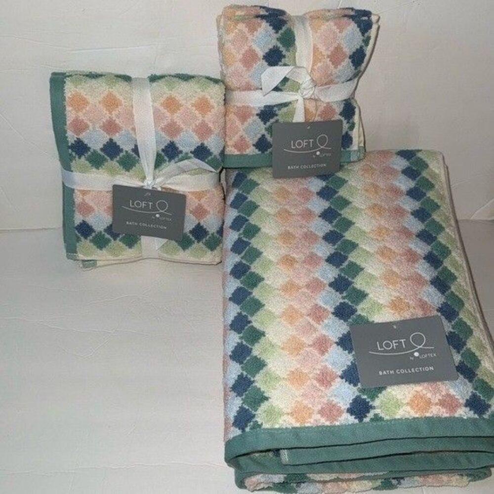 NWT Loft by Loftex 8 Piece 100% Cotton Bath Towel Set Multi-color Ombre Diamond